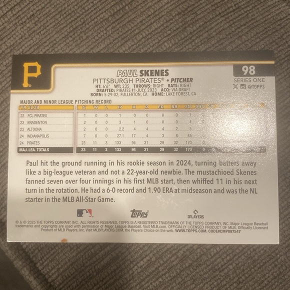 Paul Skenes 2025 Topps Baseball Card - Pittsburgh Pirates  sports cards - Picture 2 of 2